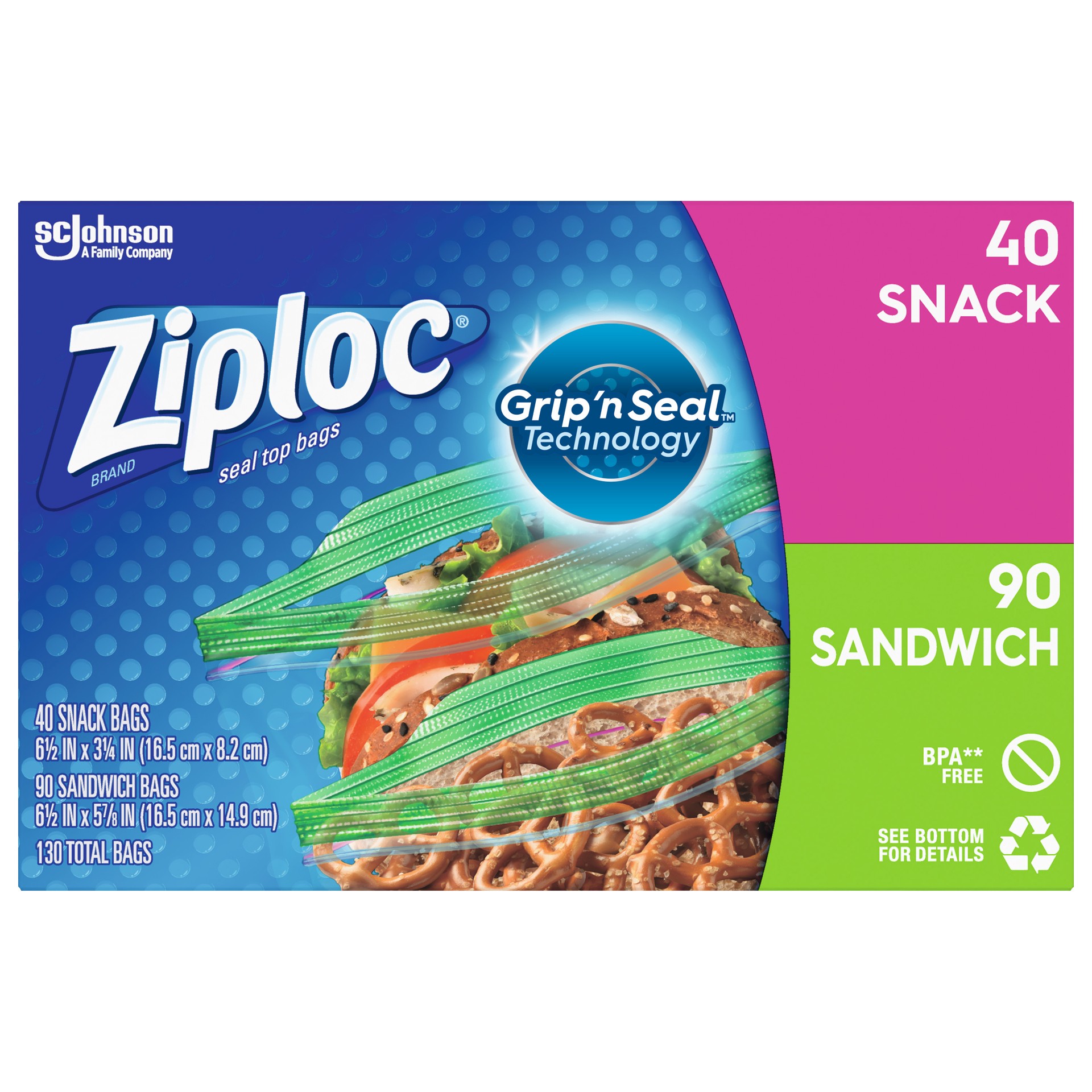 slide 1 of 3, Ziploc Brand Sandwich/Snack Bags with Power Shield Technology, 130 Count, 130 ct