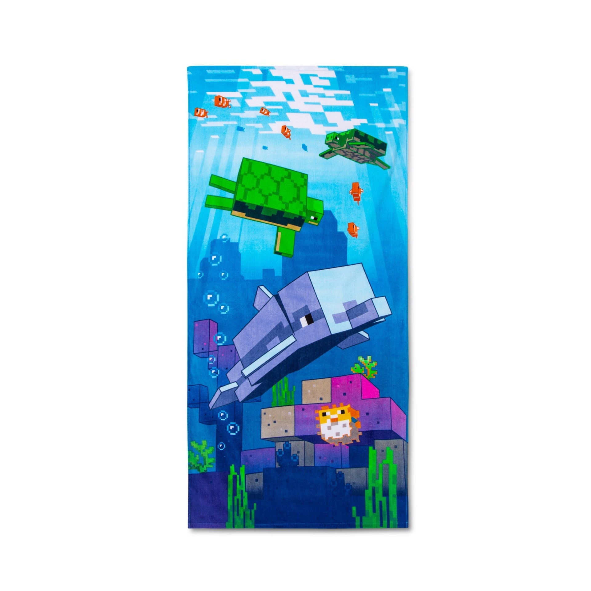 slide 1 of 3, Swimming Around Beach Towel Blue - Minecraft, 1 ct