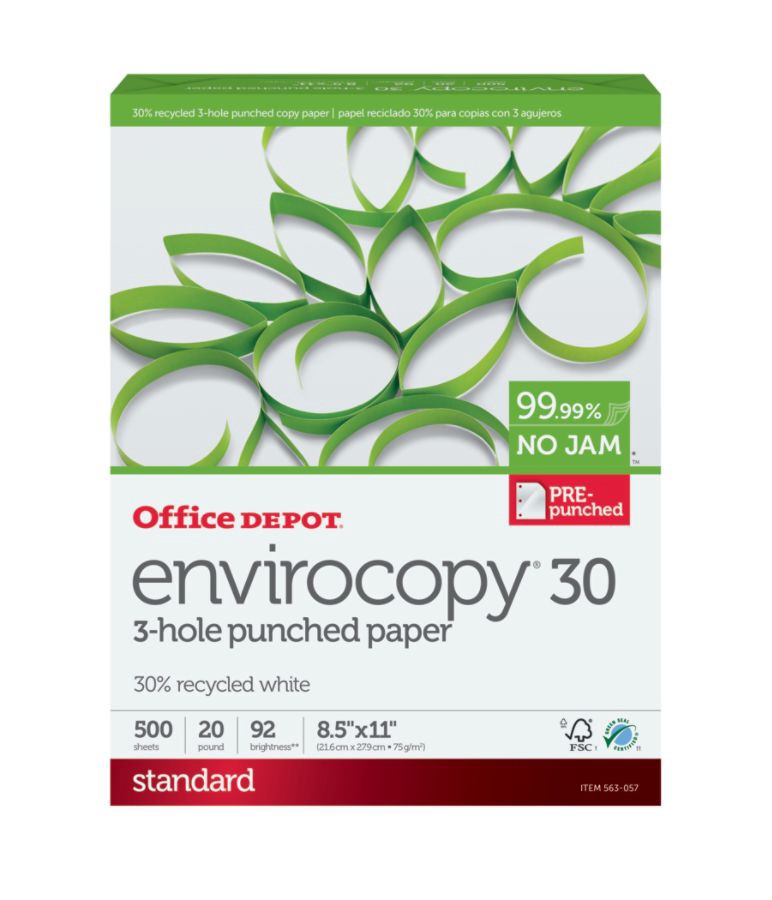 slide 2 of 3, Office Depot Envirocopy Paper, 3-Hole Punched, Letter Size 30% Recycled, FSC Certified, 500 ct; 8 1/2 in x 11 in; 20 lb