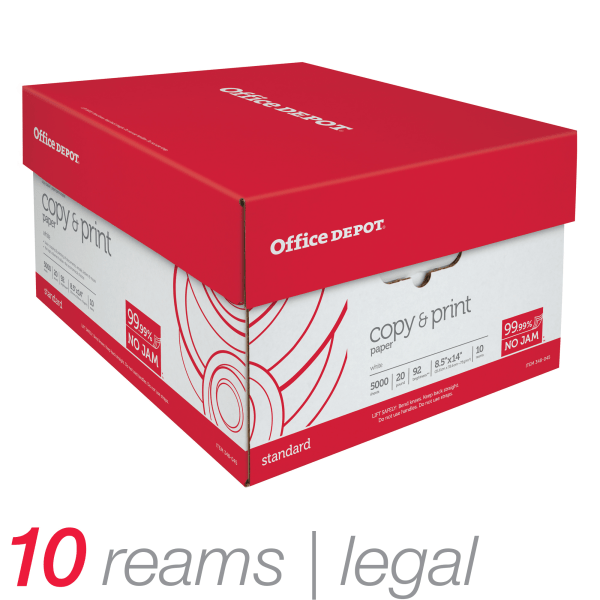 slide 3 of 4, Office Depot Brand Copy And Print Paper, Legal Size Paper, 20 Lb, White, Ream Of 500 Sheets, Case Of 10 Reams, 500 ct