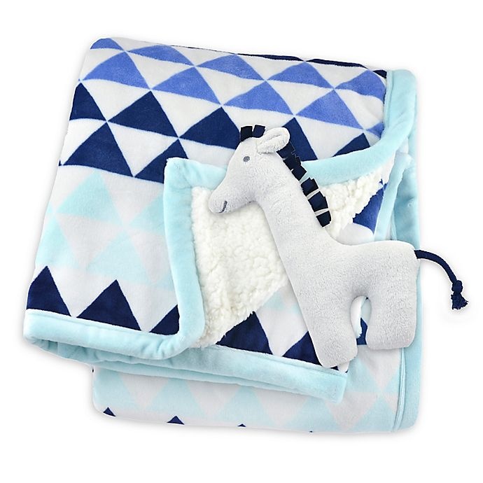 slide 1 of 2, Just Born Triangle Print Plush Blanket - Blue, 1 ct