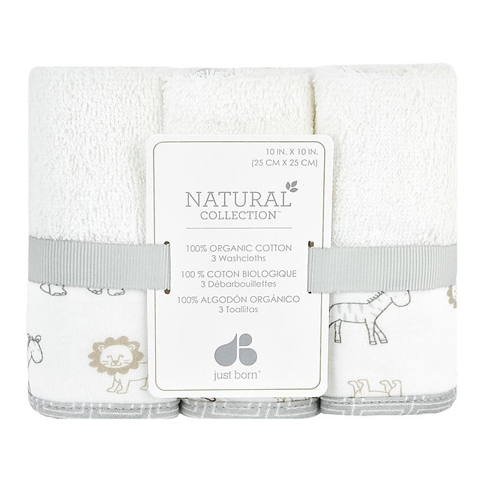 slide 2 of 2, Just Born Animal Kingdom Washcloths - White/Grey, 3 ct