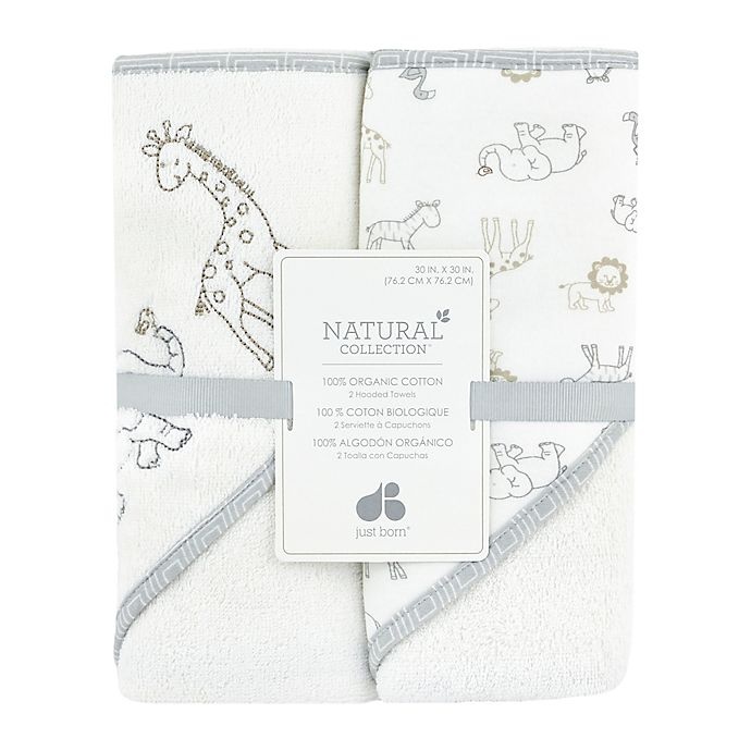 slide 2 of 2, Just Born Animal Kingdom Hooded Towel - White/Grey, 2 ct