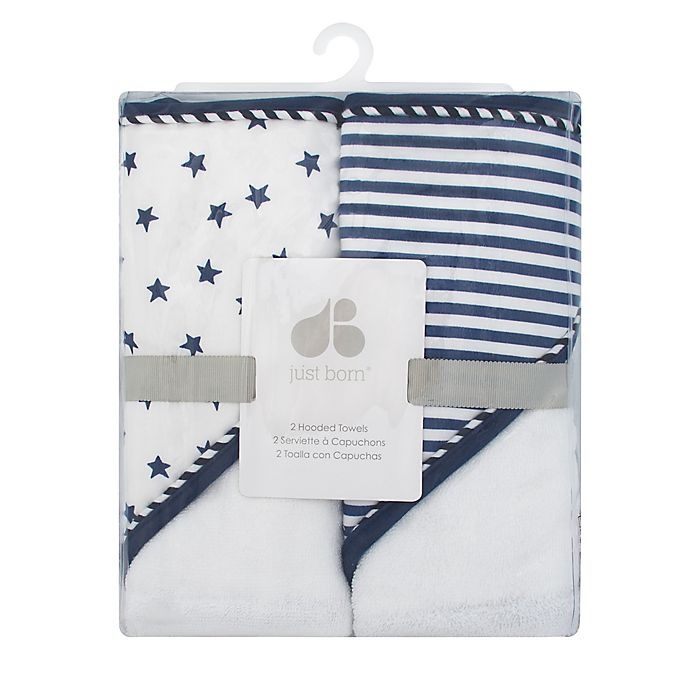 slide 2 of 2, Just Born Pom Pom Hooded Towels - Navy/White, 2 ct