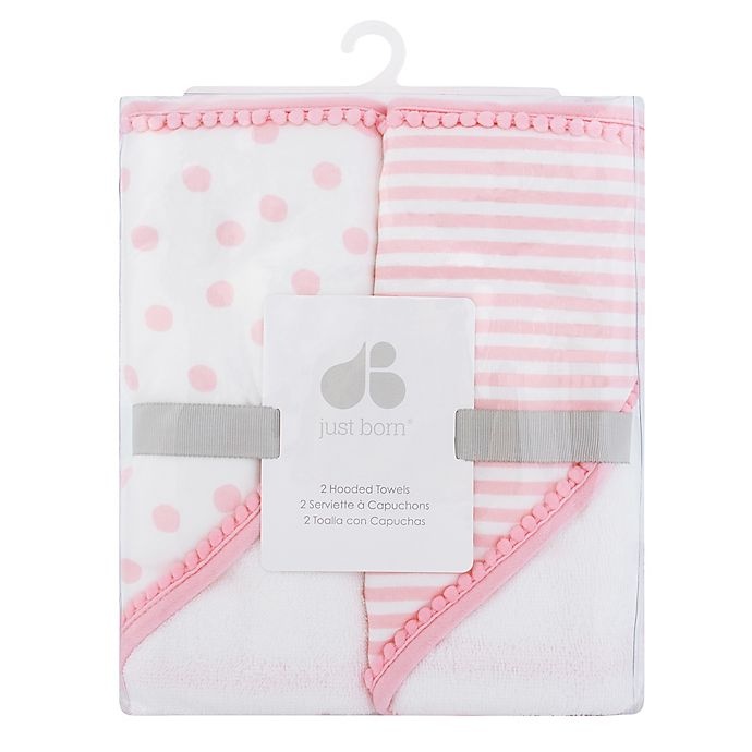 slide 2 of 2, Just Born Pom Pom Hooded Towels - Pink/White, 2 ct