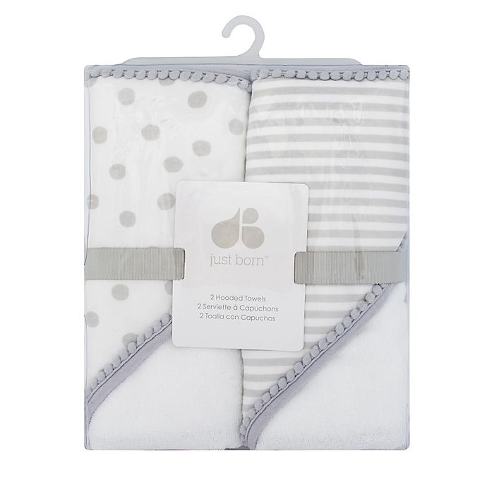 slide 2 of 2, Just Born Pom Pom Hooded Towels - Grey/White, 2 ct