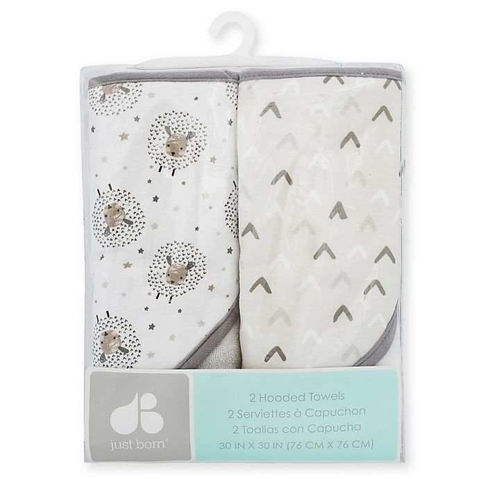 slide 4 of 4, Just Born Counting Sheep Hooded Towels - Grey, 2 ct