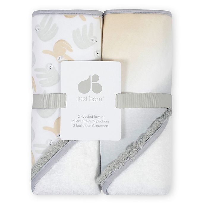 slide 2 of 2, Just Born Ombre/Sloth Hooded Towels - Grey, 2 ct