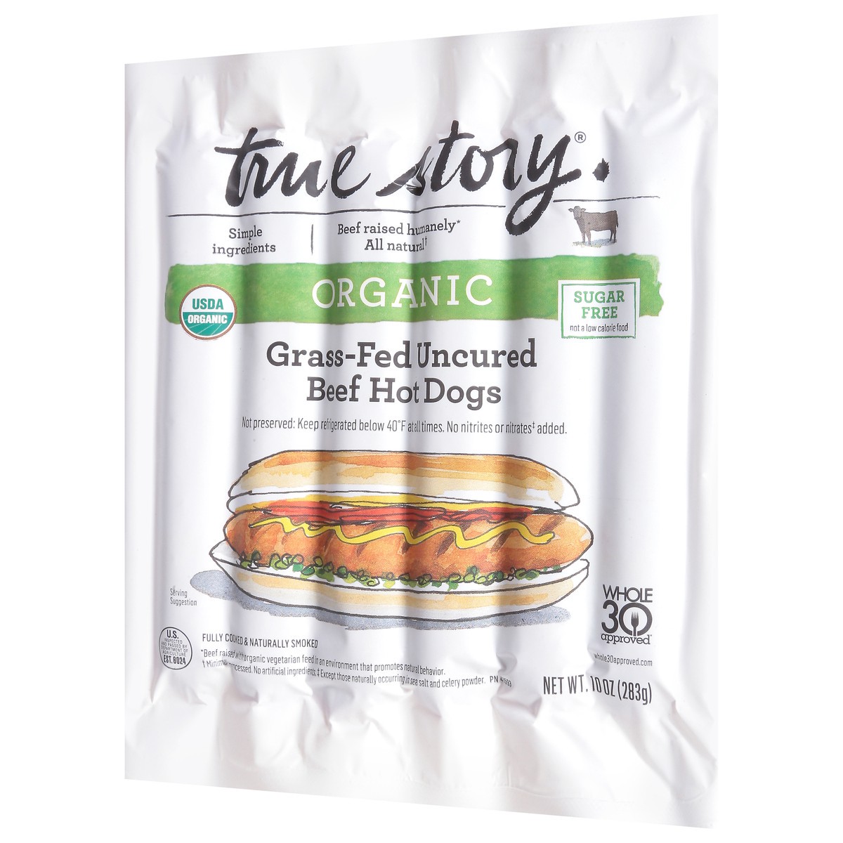 slide 11 of 13, true story Uncured Grass-Fed Organic Beef Hot Dogs 10 oz, 10 oz