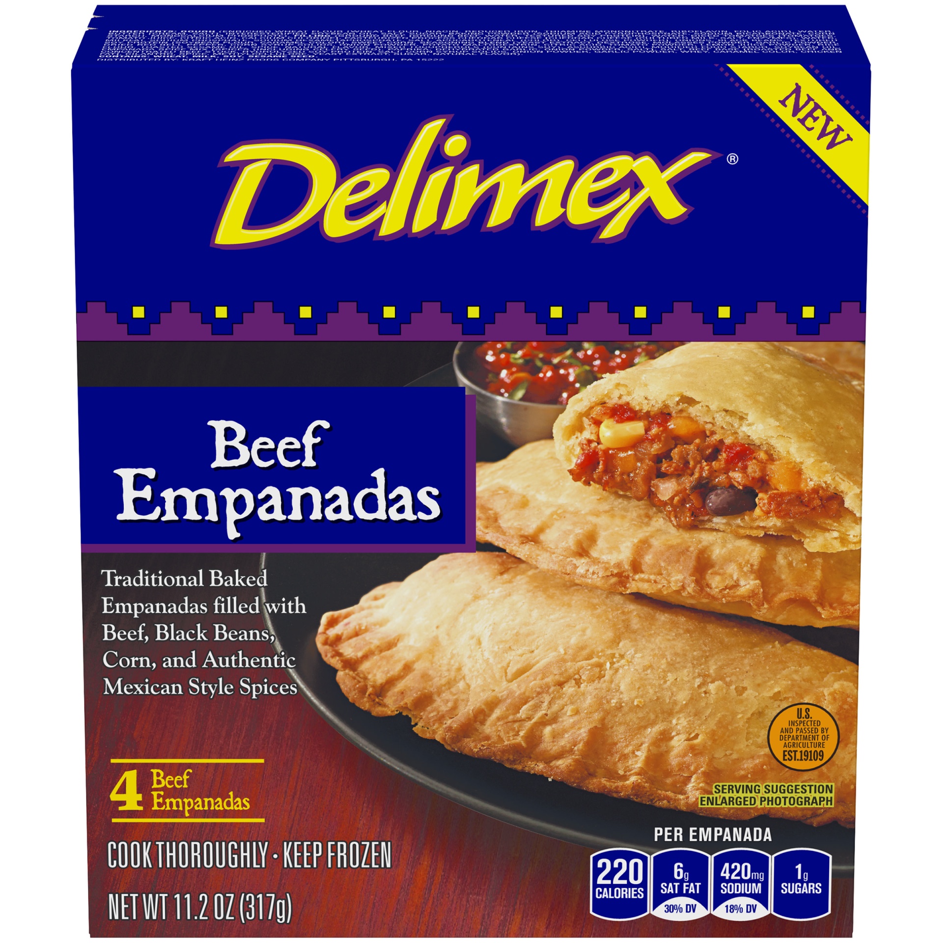 slide 1 of 6, Delimex Beef Empanadas, Frozen Appetizer, 11.2 oz