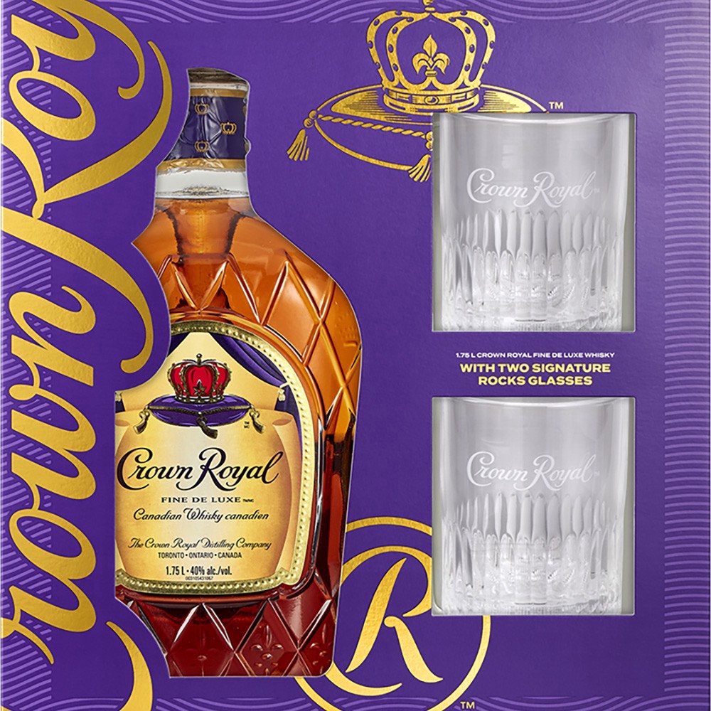 slide 1 of 1, Crown Royal Fine De Luxe Blended Canadian Whisky, 750 mL Bottle with Two Signature Rocks Glasses, 1.75 liter