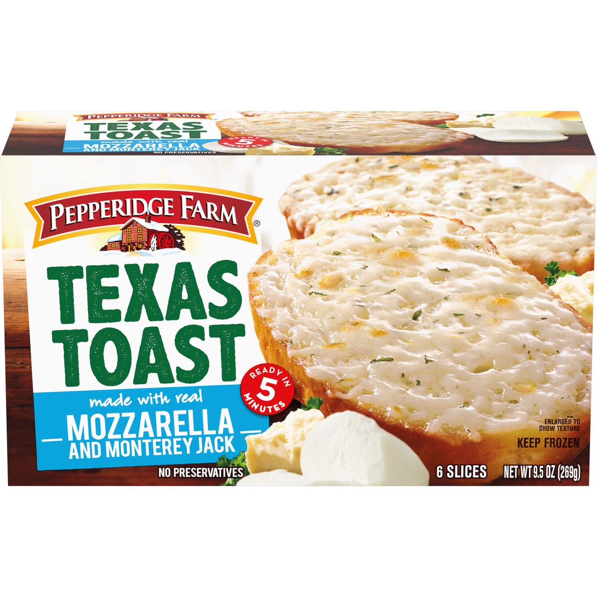 slide 1 of 9, Pepperidge Farm Texas Toast Frozen Mozzarella & Monterey Jack Bread, 6 Slices, 9.5 oz. Box, 9.5 oz