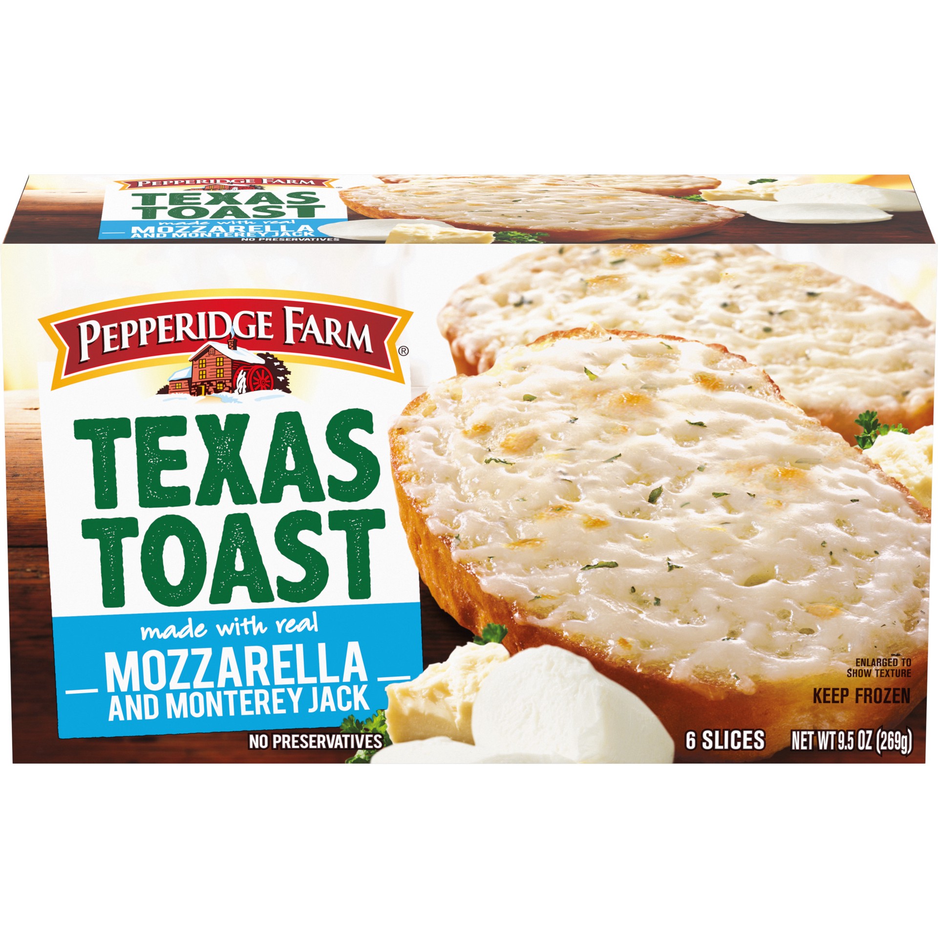 slide 1 of 9, Pepperidge Farm Texas Toast Frozen Mozzarella & Monterey Jack Bread, 6 Slices, 9.5 oz. Box, 9.5 oz