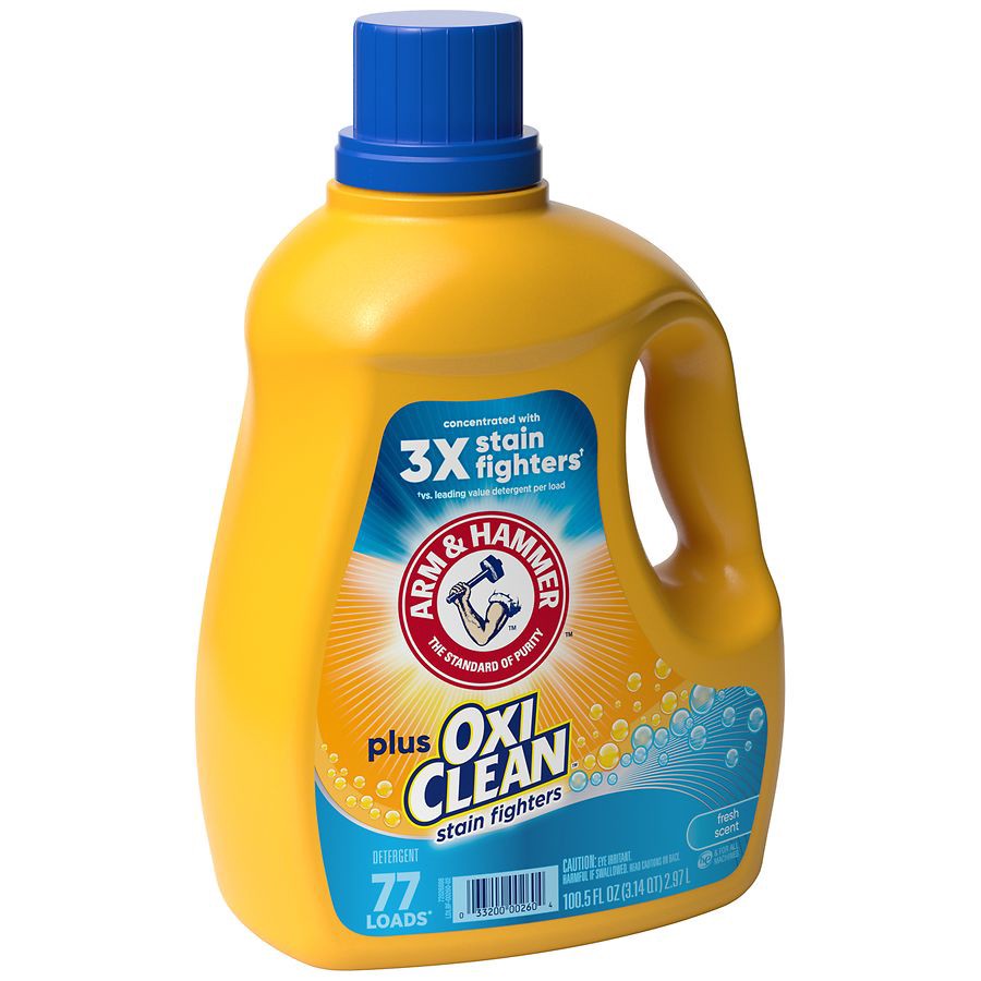 slide 2 of 5, ARM & HAMMER Plus OxiClean Fresh Scent, 77 Loads Liquid Laundry Detergent, 100.5 Fl oz, 100.5 fl oz