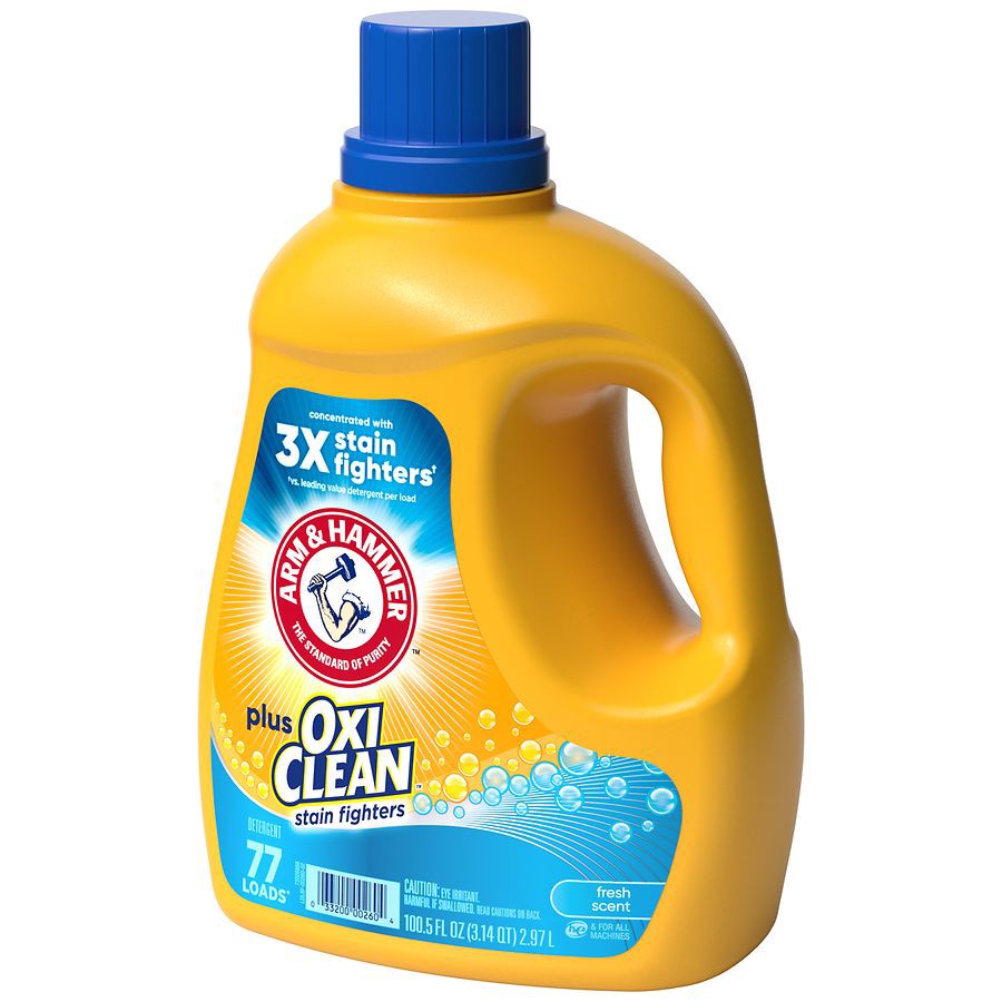 slide 4 of 5, ARM & HAMMER Plus OxiClean Fresh Scent, 77 Loads Liquid Laundry Detergent, 100.5 Fl oz, 100.5 fl oz
