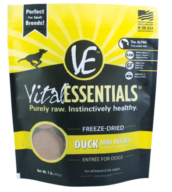 slide 1 of 1, Vital Essentials Freeze Dried Duck Mini Patties Dog Food, 1 lb