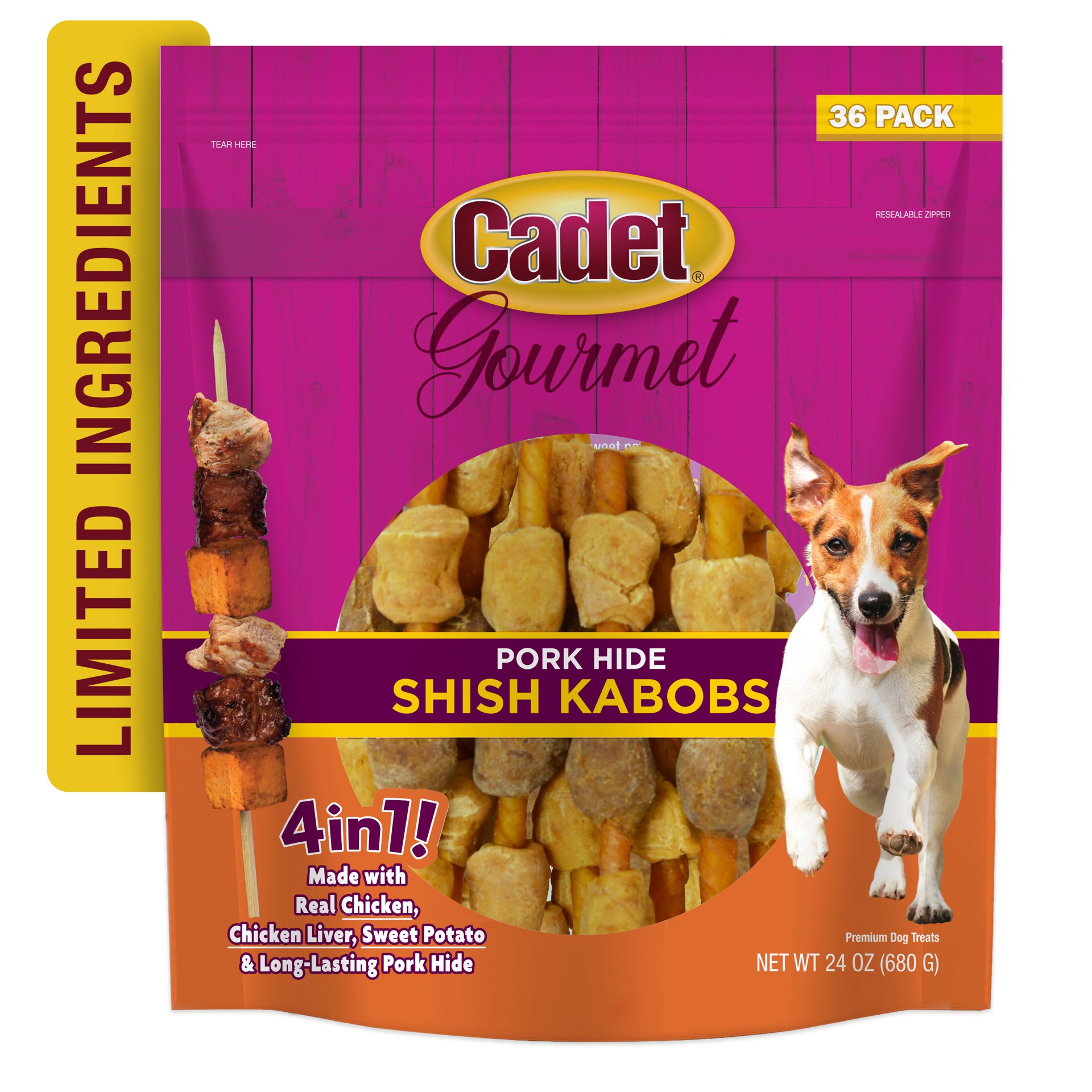 slide 4 of 9, Cadet Gourmet Pork Hide Shish Kabob Dog Treats Small (36 Count), 36 ct