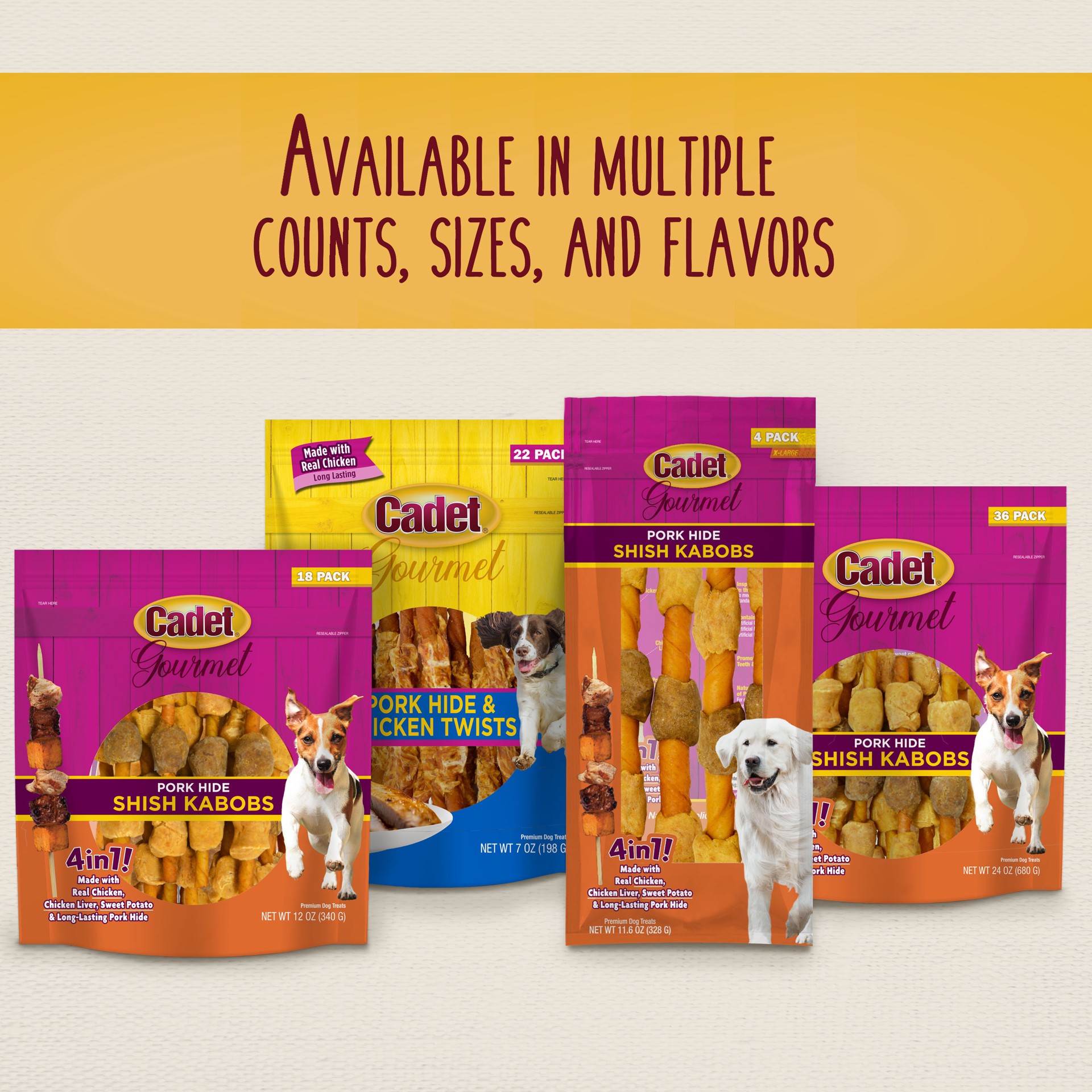 slide 5 of 9, Cadet Gourmet Pork Hide Shish Kabob Dog Treats Small (36 Count), 36 ct