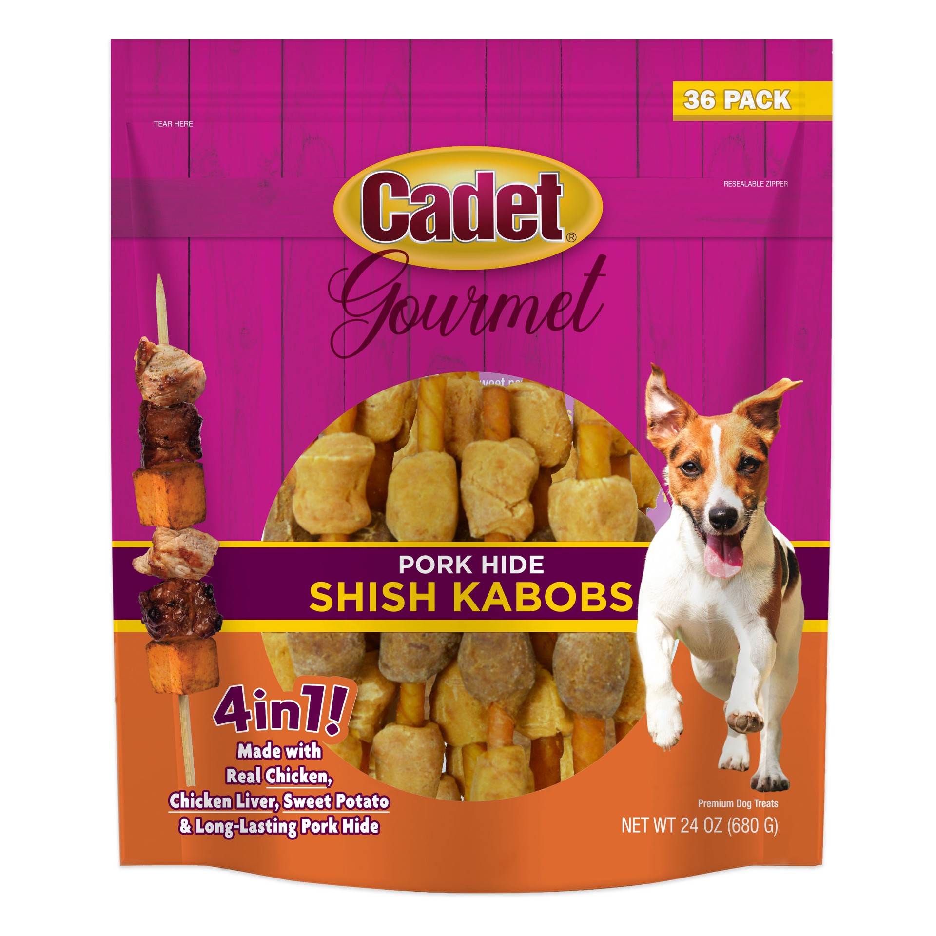 slide 1 of 9, Cadet Gourmet Pork Hide Shish Kabob Dog Treats Small (36 Count), 36 ct