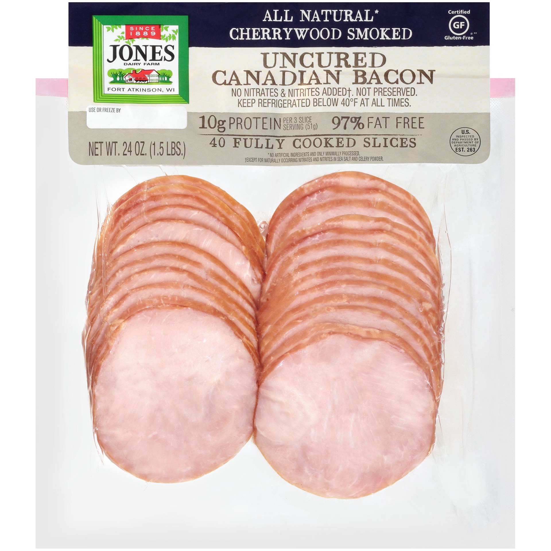 slide 1 of 1, Jones Dairy Farm, Uncured Canadian Bacon, 40 count, 