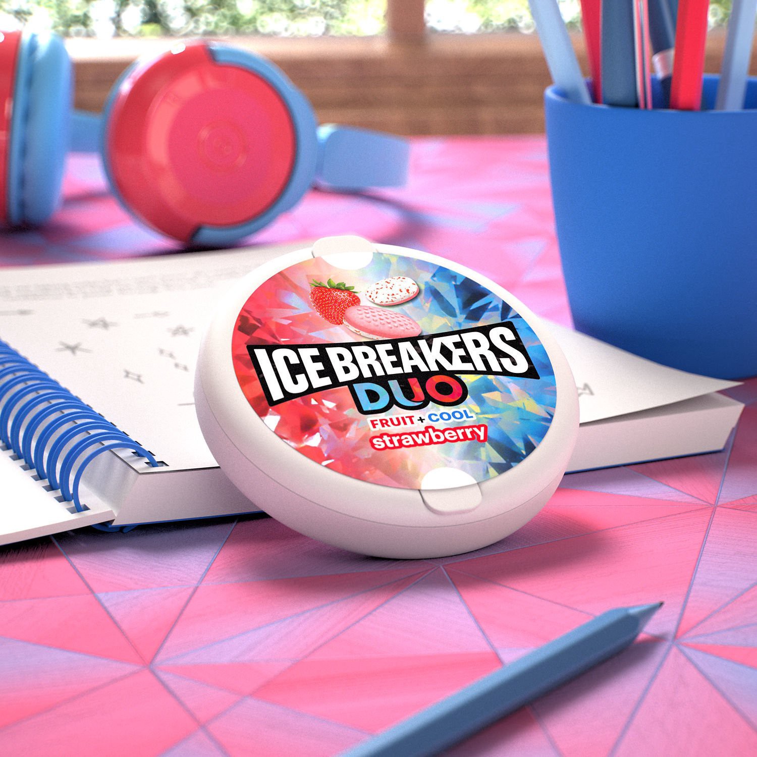 slide 4 of 8, Ice Breakers Duo Fruit Plus Cool Strawberry Sugar Free Mints Tin, 1.3 oz, 1.3 oz