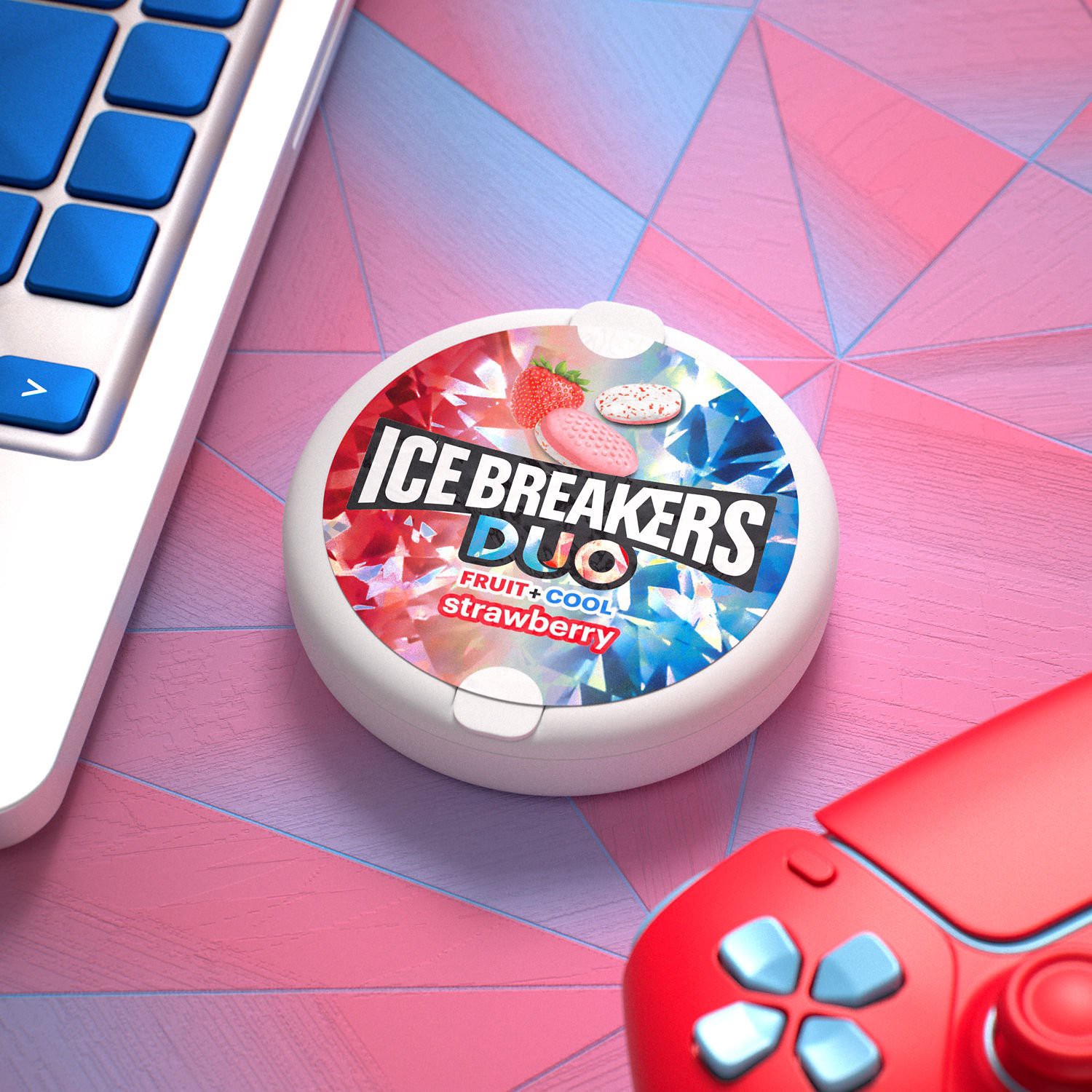 slide 6 of 8, Ice Breakers Duo Fruit Plus Cool Strawberry Sugar Free Mints Tin, 1.3 oz, 1.3 oz