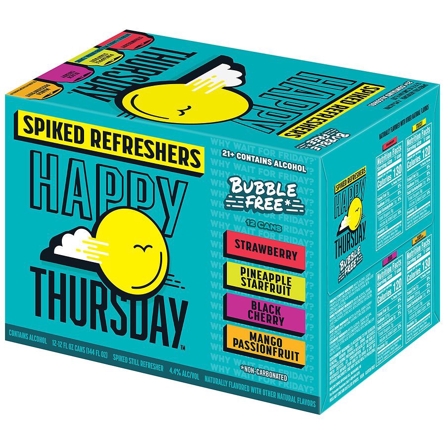 slide 5 of 5, Happy Thursday Bubble Free Assorted Spiked Refreshers 12 - 12 fl oz Cans, 12 ct; 12 oz