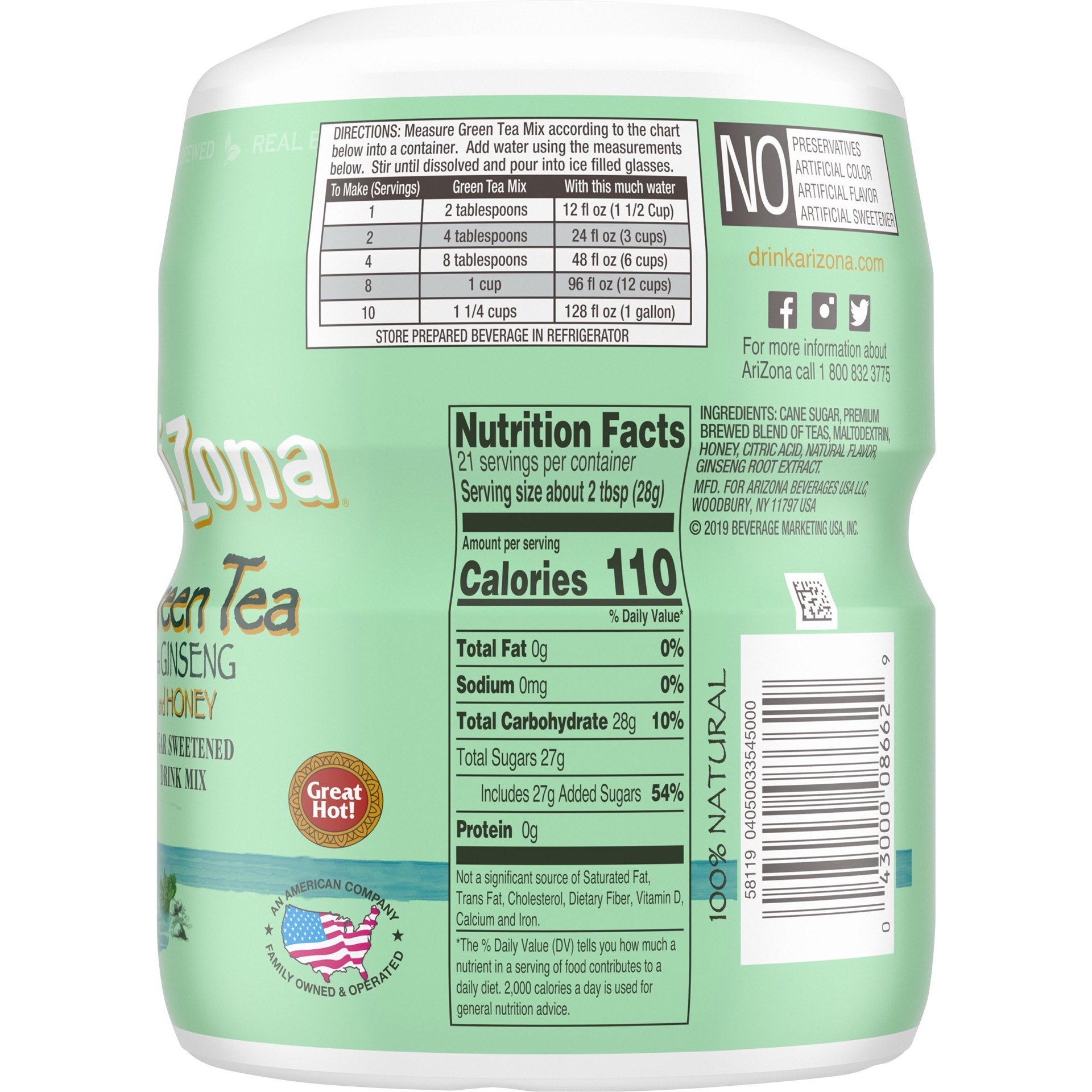 slide 2 of 5, AriZona Green Tea with Ginseng & Honey Naturally Flavored Sugar Sweetened Powdered Drink Mix, 20.4 oz Canister, 20.40 oz