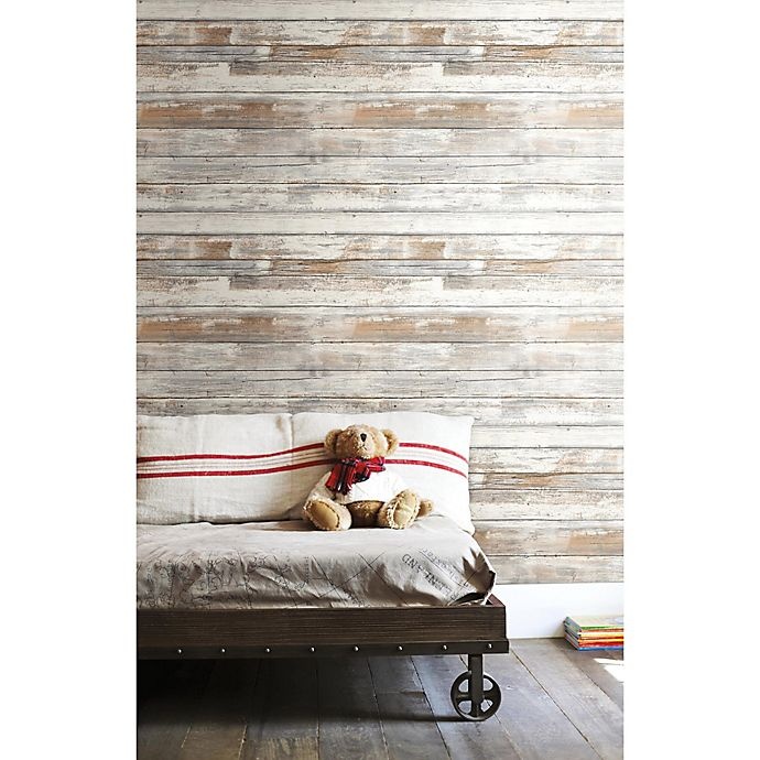 slide 7 of 10, RoomMates Peel & Stick Distressed Wood Wallpaper - Tan, 1 ct