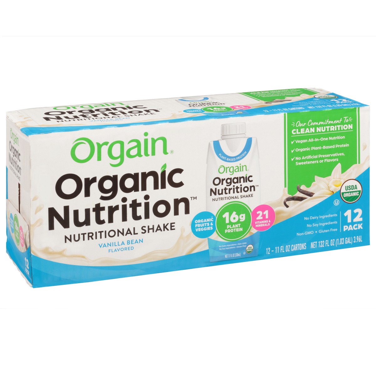 slide 4 of 9, Orgain Organic Nutrition Vegan Protein Shake, Plant Based, Vanilla Bean 11oz, 12ct, 132 fl oz