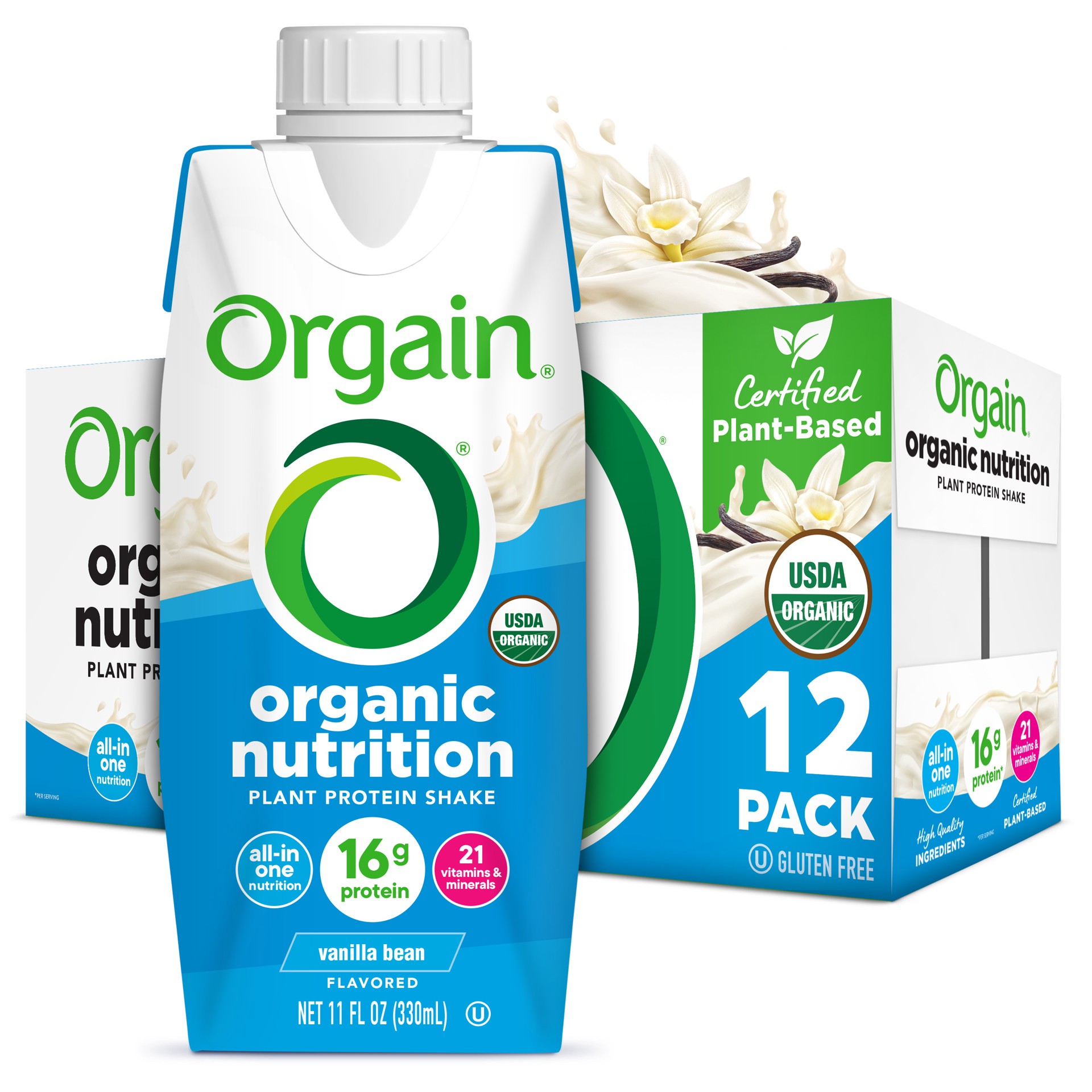 slide 1 of 9, Orgain Organic Nutrition Vegan Protein Shake, Plant Based, Vanilla Bean 11oz, 12ct, 132 fl oz