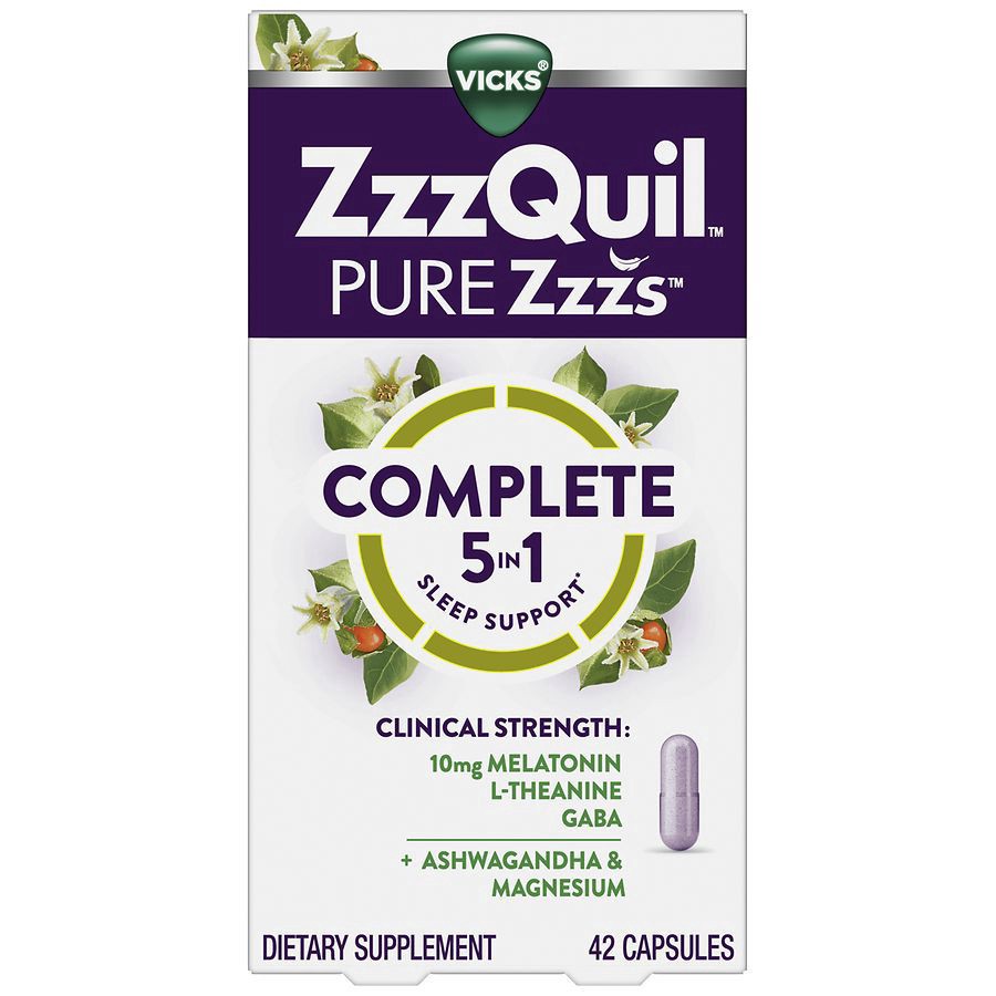 slide 2 of 5, Vicks ZzzQuil PURE Zzzs Complete Sleep, Melatonin 10mg, L-Theanine, GABA, with Ashwagandha, and Magnesium, Melatonin Sleep Aid, 42 Count, 42 ct