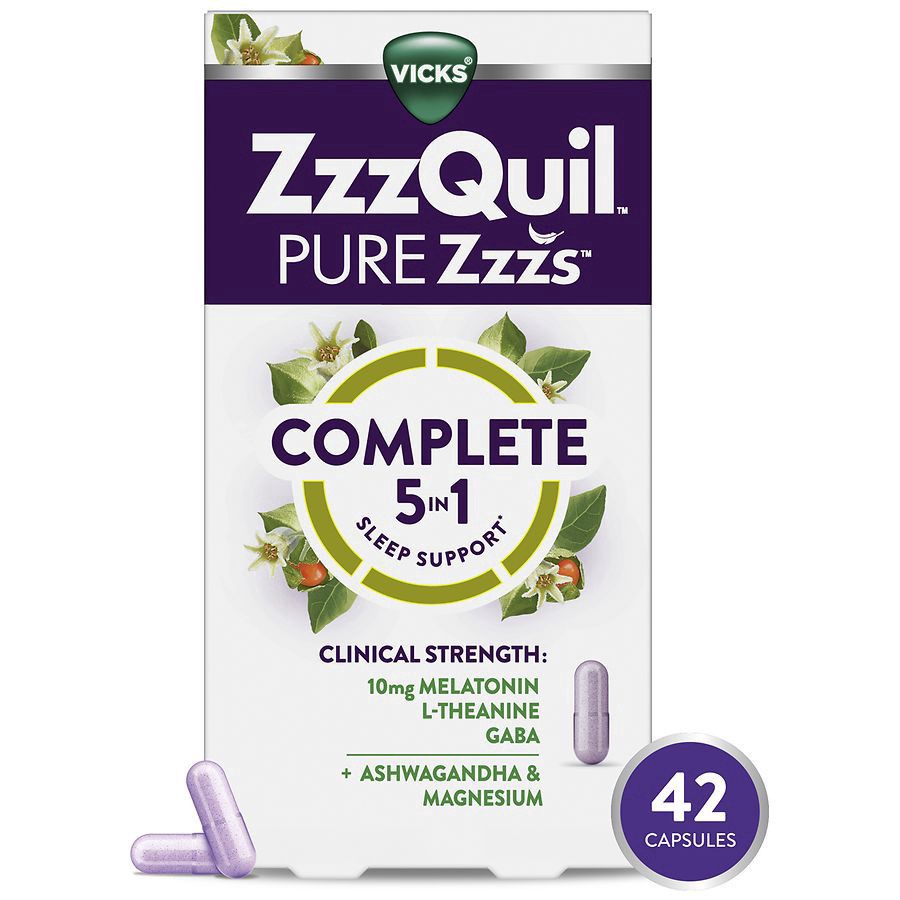 slide 1 of 5, Vicks ZzzQuil PURE Zzzs Complete Sleep, Melatonin 10mg, L-Theanine, GABA, with Ashwagandha, and Magnesium, Melatonin Sleep Aid, 42 Count, 42 ct