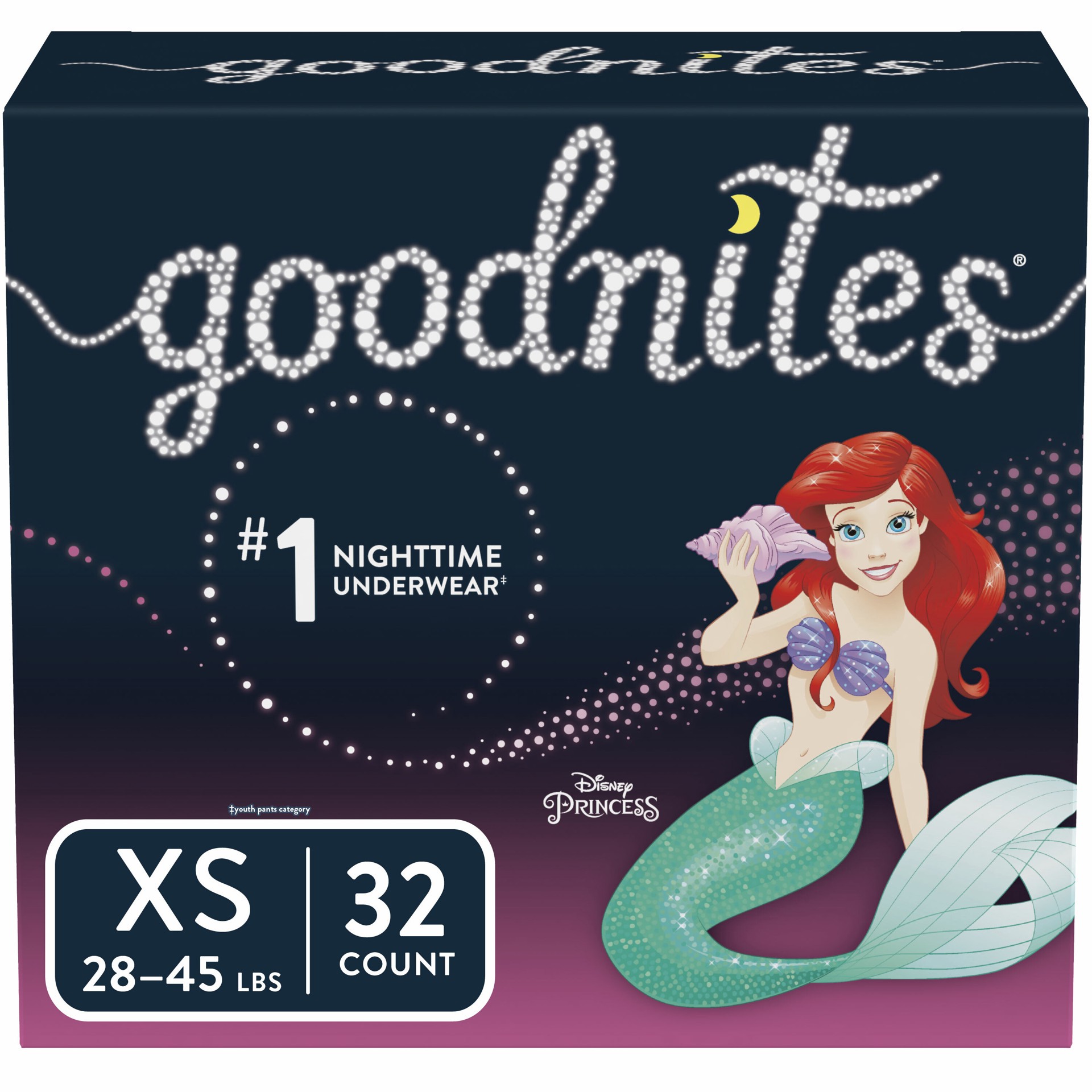 slide 1 of 5, GoodNites Girls XS (28-43 lbs) Disney Princess Nighttime Underwear 32 Count, 32 ct; XS