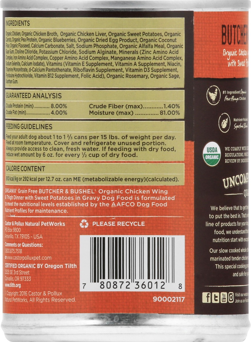 slide 5 of 9, Organix Grain Free Butcher & Bushel Organic Chicken Wing & Thigh Dinner With Sweet Potatoes In Gravy Dog Food 12.7 oz, 12.7 oz