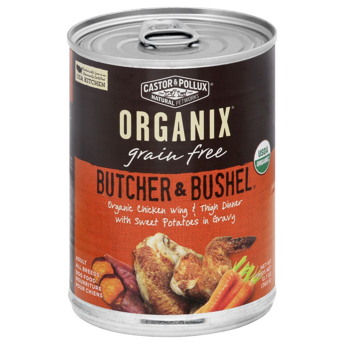 slide 1 of 9, Organix Grain Free Butcher & Bushel Organic Chicken Wing & Thigh Dinner With Sweet Potatoes In Gravy Dog Food 12.7 oz, 12.7 oz