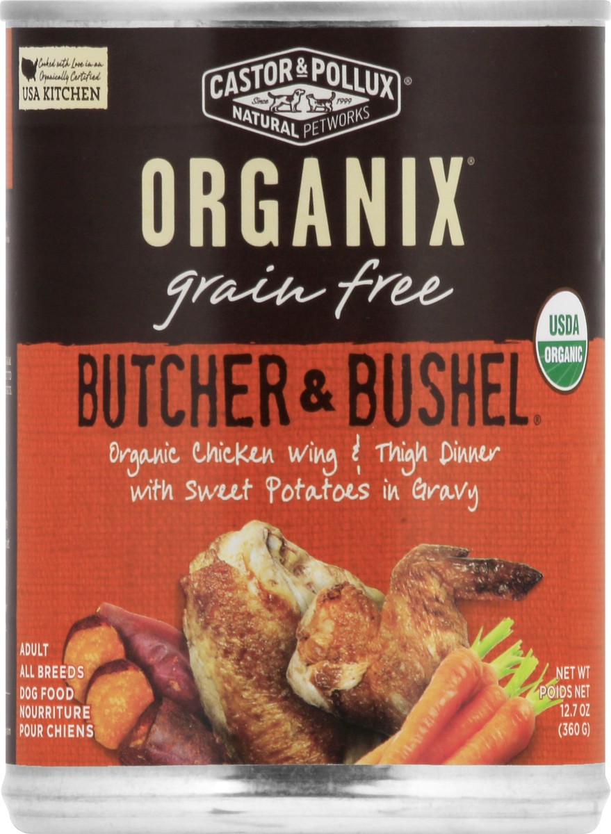 slide 6 of 9, Organix Grain Free Butcher & Bushel Organic Chicken Wing & Thigh Dinner With Sweet Potatoes In Gravy Dog Food 12.7 oz, 12.7 oz