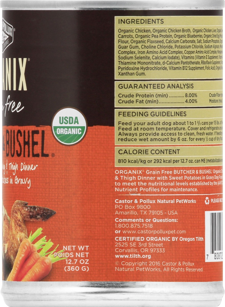 slide 8 of 9, Organix Grain Free Butcher & Bushel Organic Chicken Wing & Thigh Dinner With Sweet Potatoes In Gravy Dog Food 12.7 oz, 12.7 oz