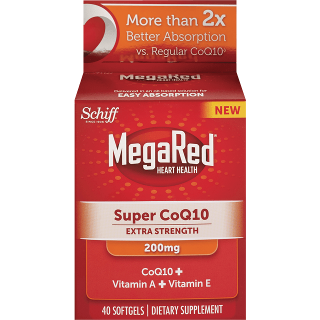 slide 1 of 1, Schiff MegaRed Super CoQ10 Dietary Supplement Extra Strength 200 mg CoQ10 + Vitamin A + Vitamin E, 40 ct