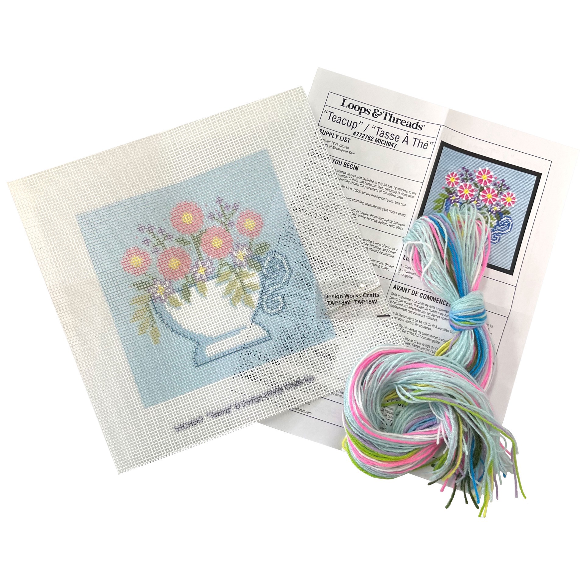 slide 4 of 4, 6" X 6" Floral Teacup Needlepoint Kit By Loops & Threads, 6 in x 6 in