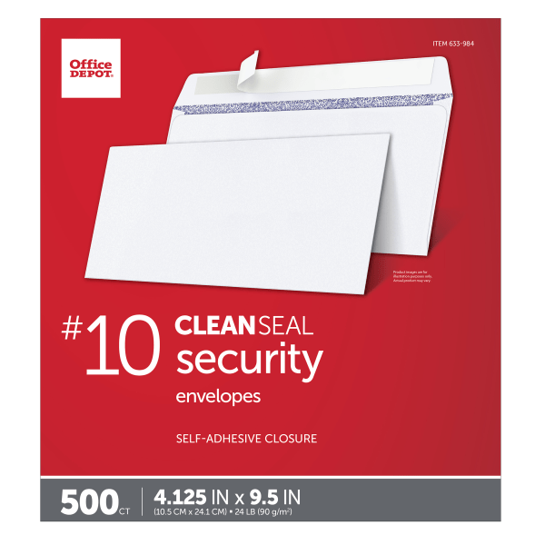 slide 2 of 4, Office Depot Brand Clean Seal Security Envelopes, #10 White, 500 ct; 4 1/8 in x 9 1/2 in