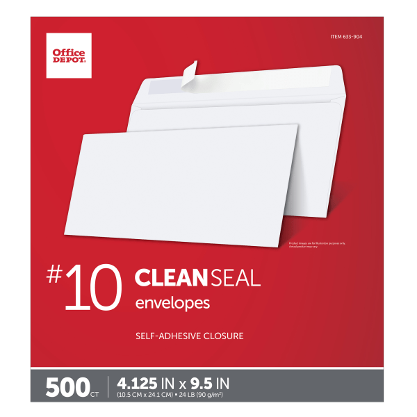 slide 2 of 4, Office Depot Brand Clean Seal Business Envelopes, #10 White, 500 ct; 4 1/8 in x 9 1/2 in