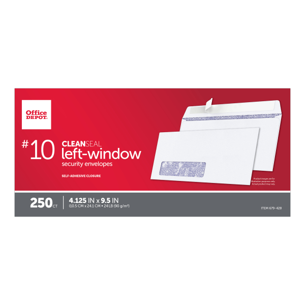 slide 2 of 4, Office Depot Brand Clean Seal Security Window Envelopes, #10 White, 250 ct; 4 1/8 in x 9 1/2 in