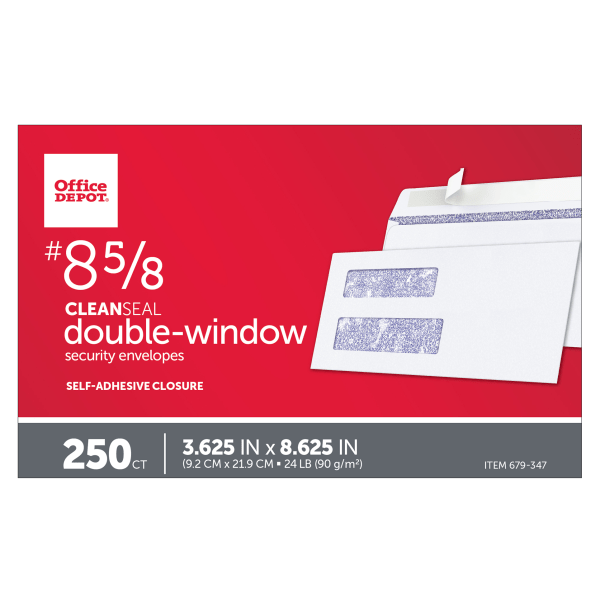 slide 2 of 4, Office Depot Brand Double-Window Envelopes, #8 5/8, White, Self-Adhesive, 250 ct; 3 5/8 in x 8 5/8 in