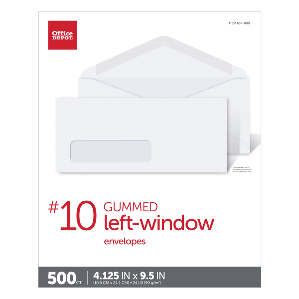 slide 2 of 4, Office Depot Window Envelopes, Window On Bottom Left, #10 White, 500 ct; 4 1/8 in x 9 1/2 in