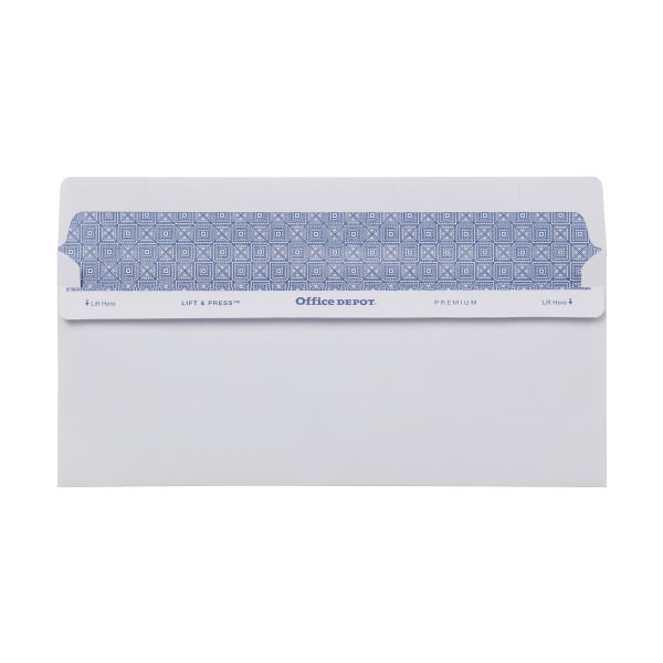 slide 3 of 3, Office Depot Brand 100% Recycled Lift & Press Premium Security Envelopes, #10 White, 100 ct; 4 1/8 in x 9 1/2 in