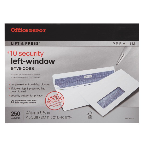 slide 3 of 4, Office Depot Brand 100% Recycled Lift & Press Window Security Envelopes, #10 White, 250 ct; 4 1/8 in x 9 1/2 in