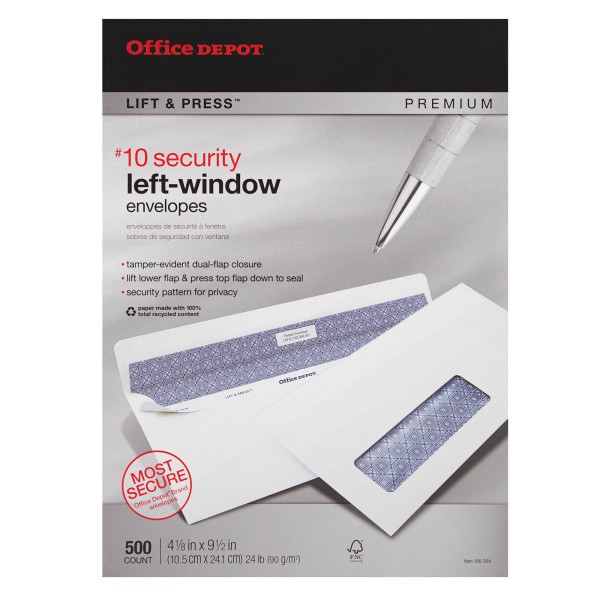 slide 2 of 4, Office Depot Brand 100% Recycled Lift & Press Window Security Envelopes, #10 White, 500 ct; 4 1/8 in x 9 1/2 in