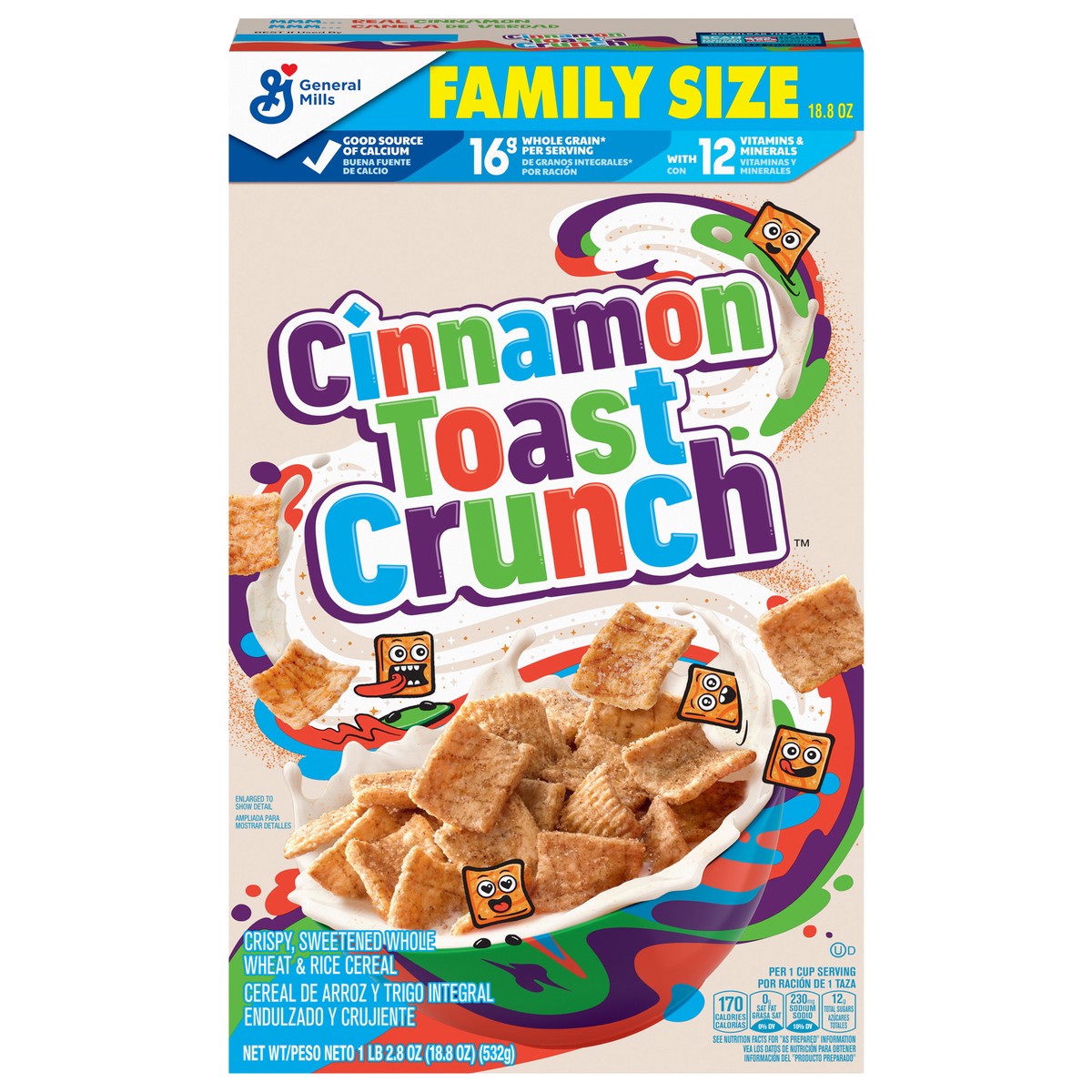 slide 1 of 108, Cinnamon Toast Crunch Breakfast Cereal, Crispy Cinnamon Cereal, Family Size, 18.8 oz Cereal Box, 18.8 oz