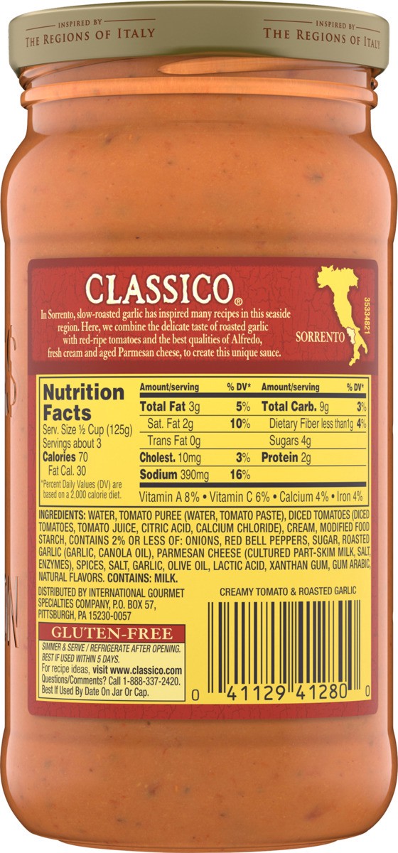 slide 8 of 8, Classico Creamy Tomato & Roasted Garlic Pasta Sauce Jar, 15 oz